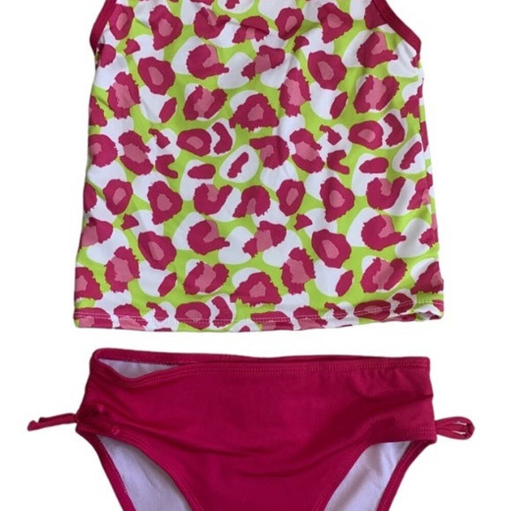 Lily & Dan Girls 2 Piece Swim Set Large Top & Bottom Green pink Tropical NEW